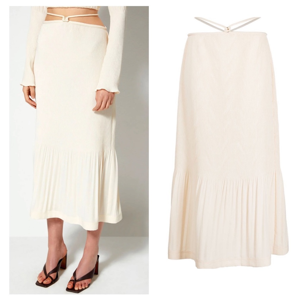 JONATHAN SIMKHAI Mia Tie-Waist Plissé Midi Skirt Size 4 Sandstone